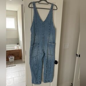 Free People Denim High Roller Jumpsuit Romper Overalls - Size Small